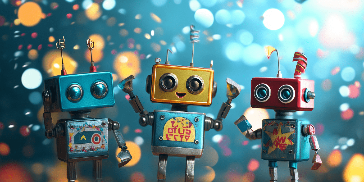 Cute, happy robots at a party