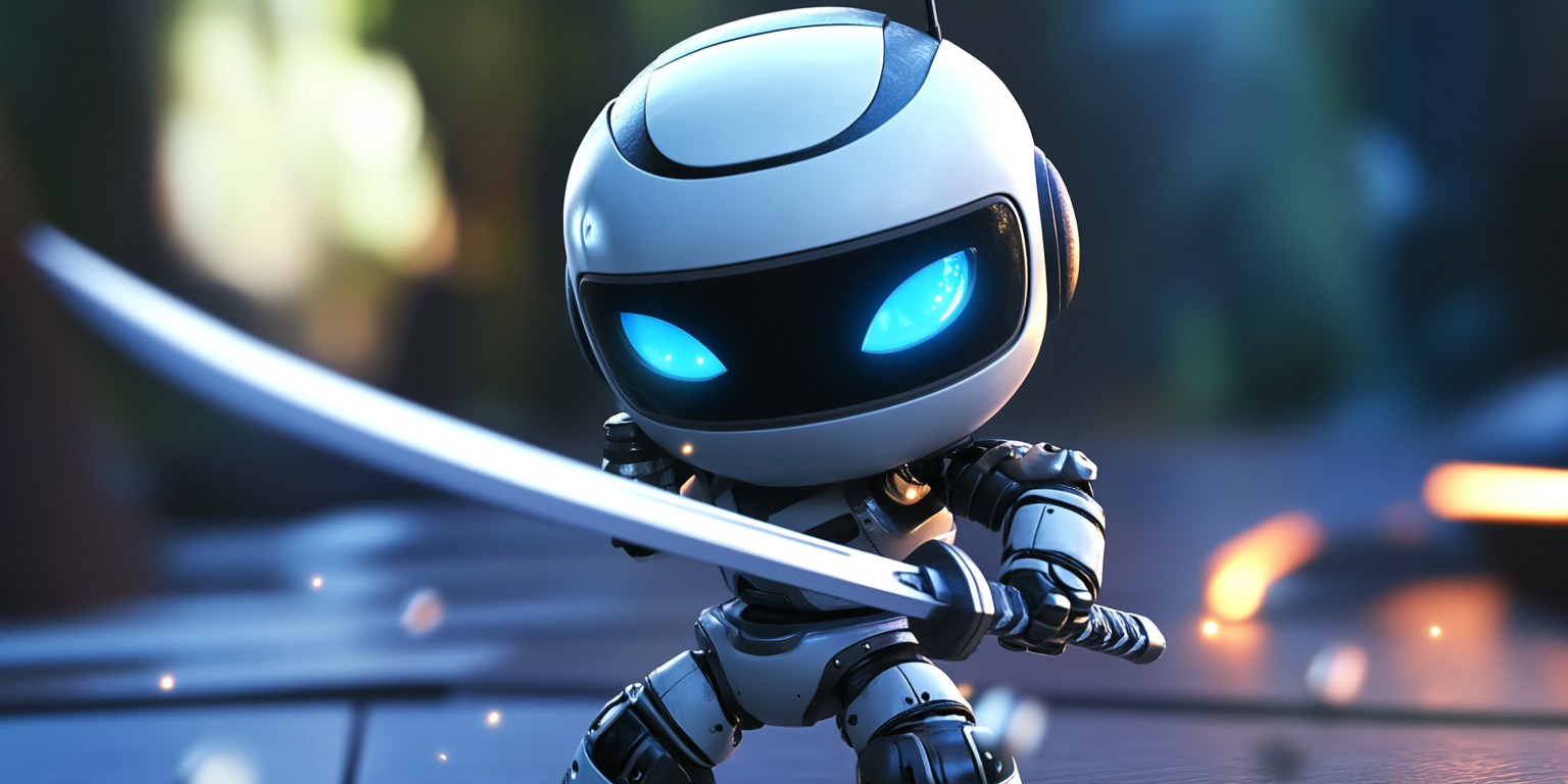 Cute robot brandishing a sword (AI-powered SEO cutting through the competition concept)