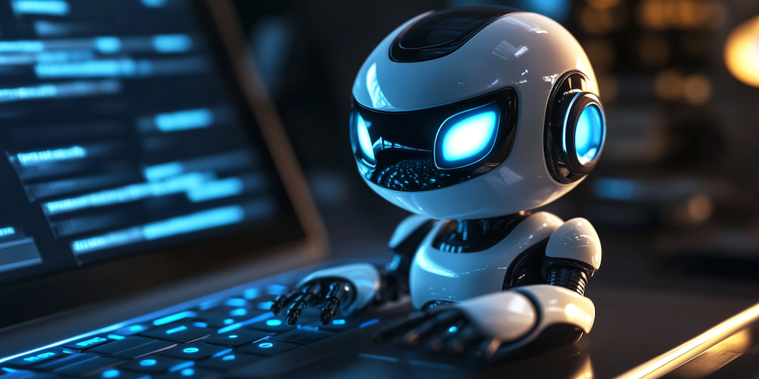 Cute robot dfoing SEO marketing research for 2025 in front of glowing screens and a keyboard