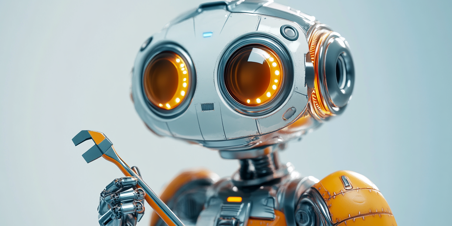 Cute robot holding a tool (AI tools for SEO strategy concept)